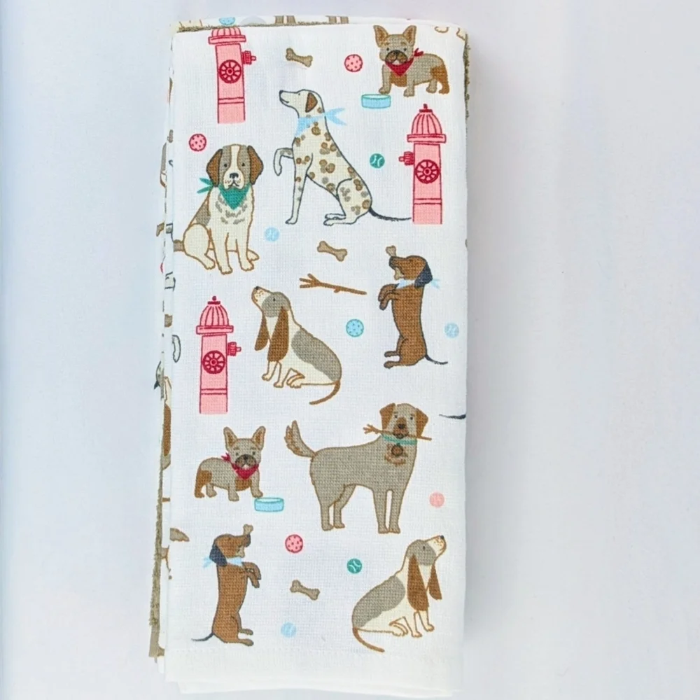 Kitchen Towels Set Of 3 Dogs Fire Hydrants Bones Sticks Balls White Brown NWT - Picture 2 of 12